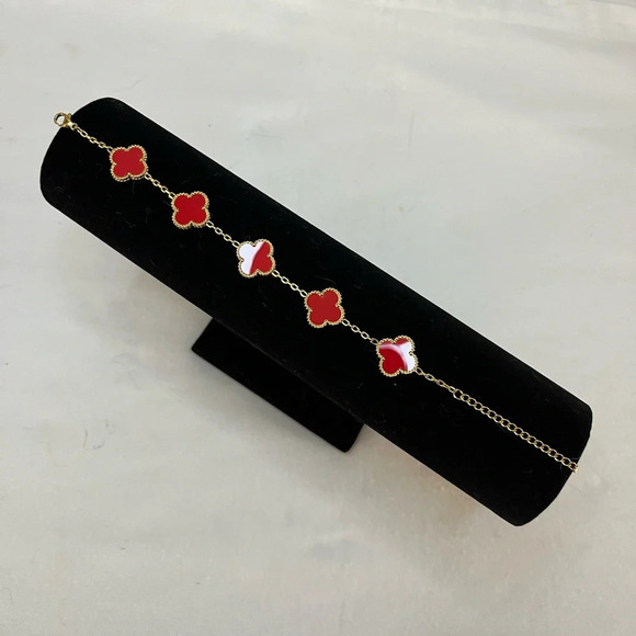 Lucky Four Leaf Clover Bracelet Red Enamel Gold Stainless Steel Adjustable - Picture 2 of 12